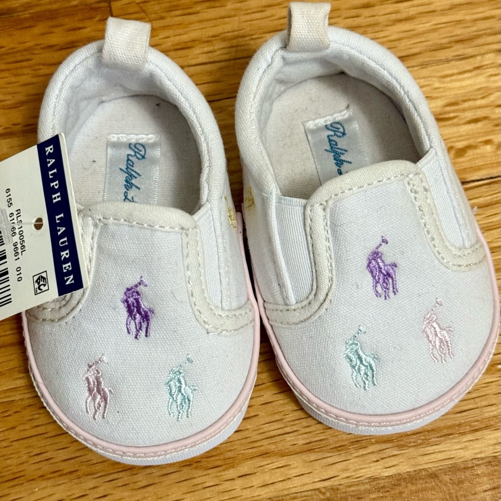 Ralph Lauren White Baby Shoes with Pastel Embroidery -Size 1